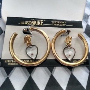 ILLUSIONAIRE JCA Creation Vintage from 1960's Gold Angel/Heart Hoop Earrings